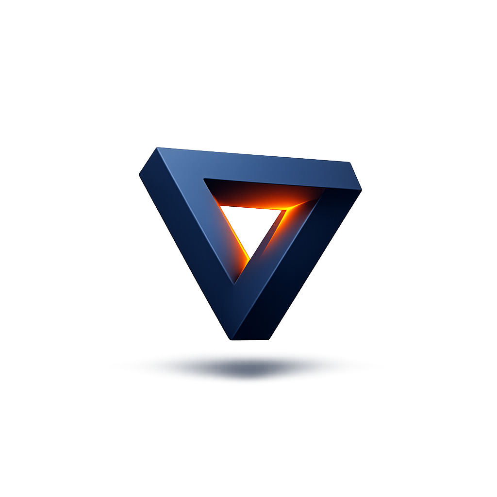 A 3D impossible triangle in navy with glowing orange edges — a matter of perspective