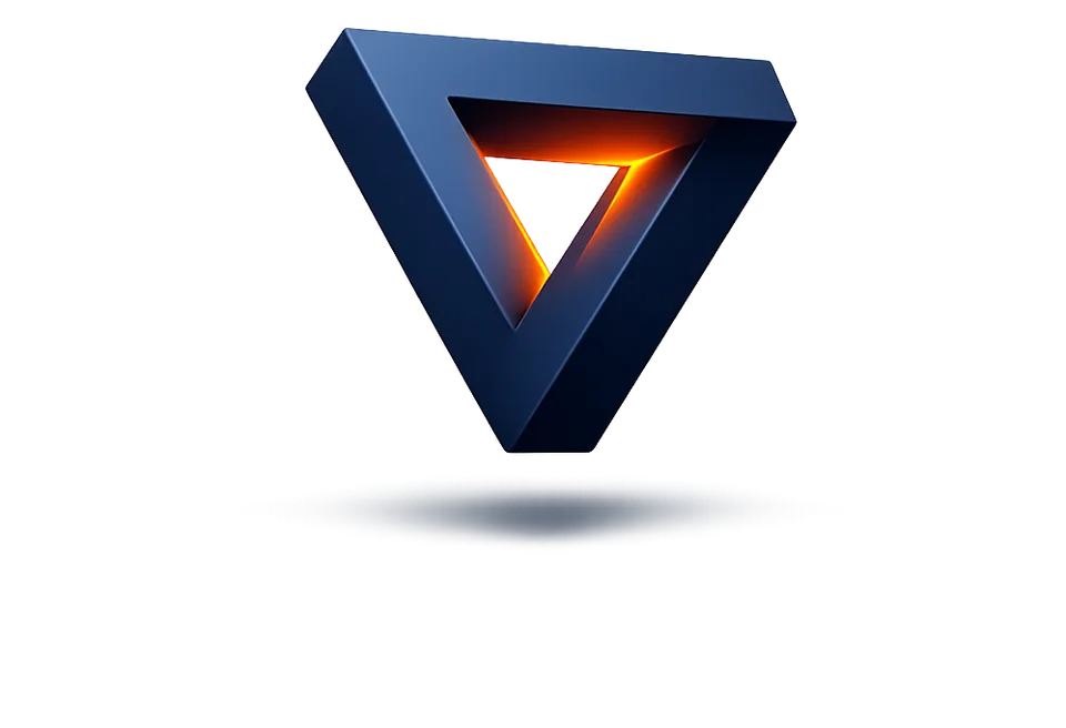 A 3D impossible triangle in navy with glowing orange edges — a matter of perspective